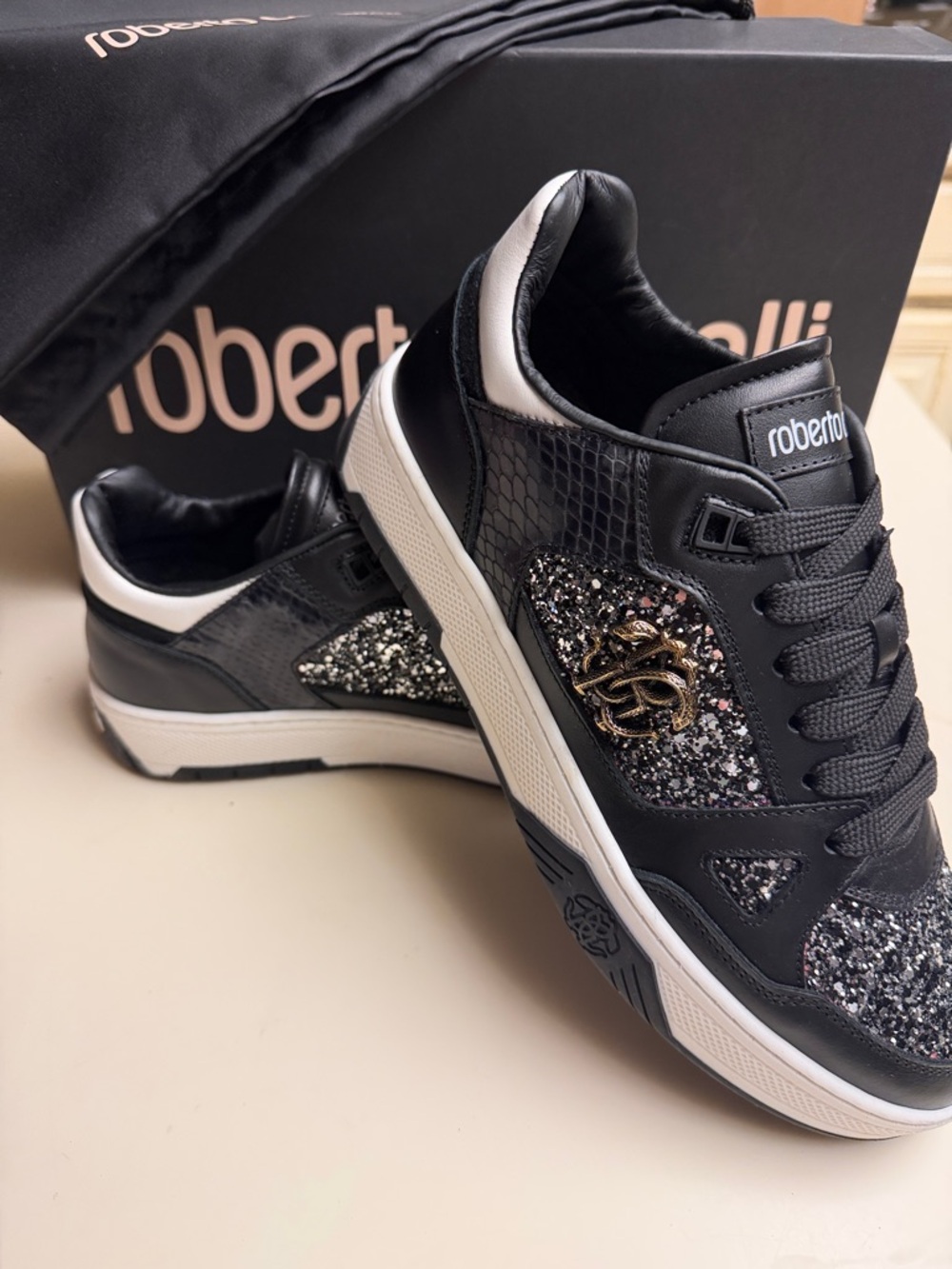 Roberto Cavalli Black & Silver Glitter Low-Top Sneakers Size 40